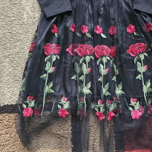 Roiii Off Shoulder Sheer Dress Womens Black & Roses 1950s Whimsgoth New - Picture 12 of 16